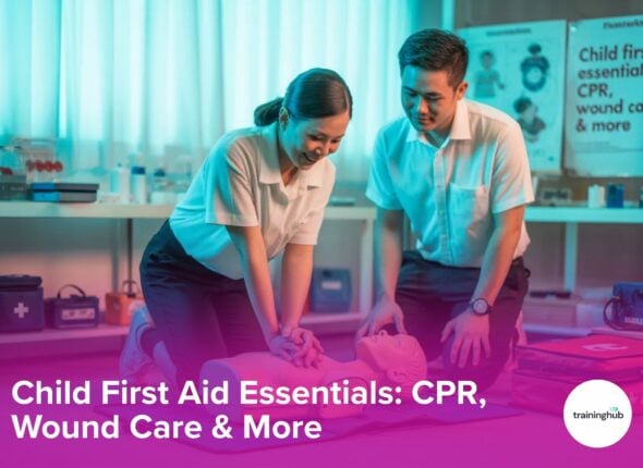 Child first aid training with CPR, wound care, and emergency response demonstration.
