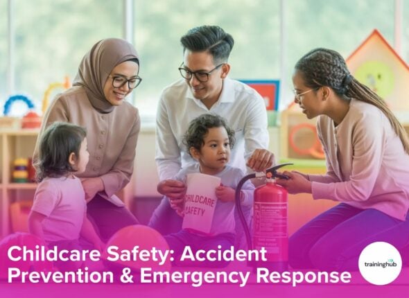 Children learning emergency safety, fire extinguisher demonstration, caregiver tips for accident prevention.