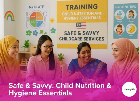 Women engaging in child nutrition and hygiene training session with colorful educational posters.